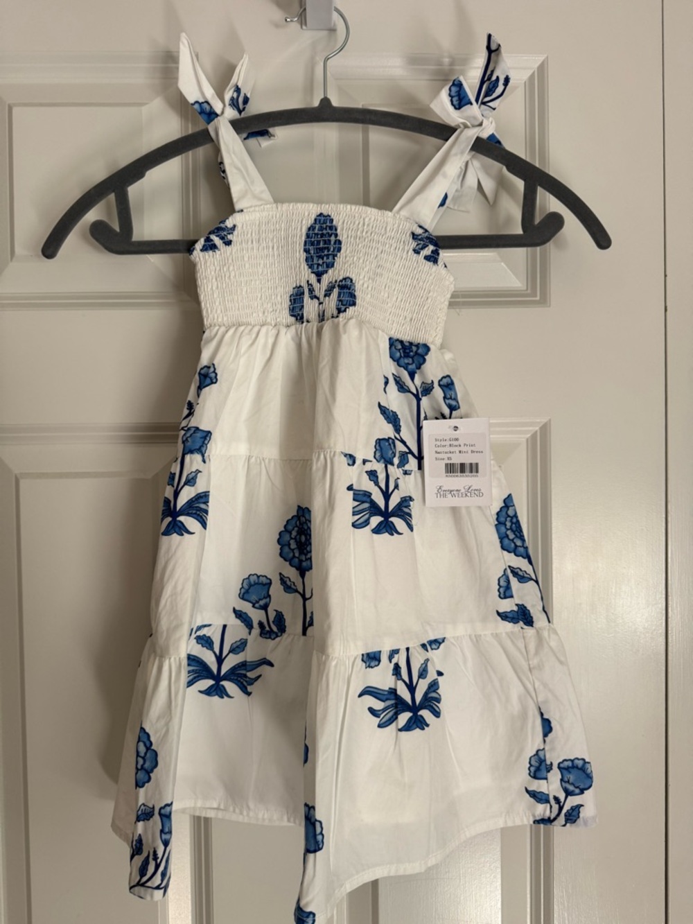 Girls White Sundress with Blue Floral Print - Smocked Bodice